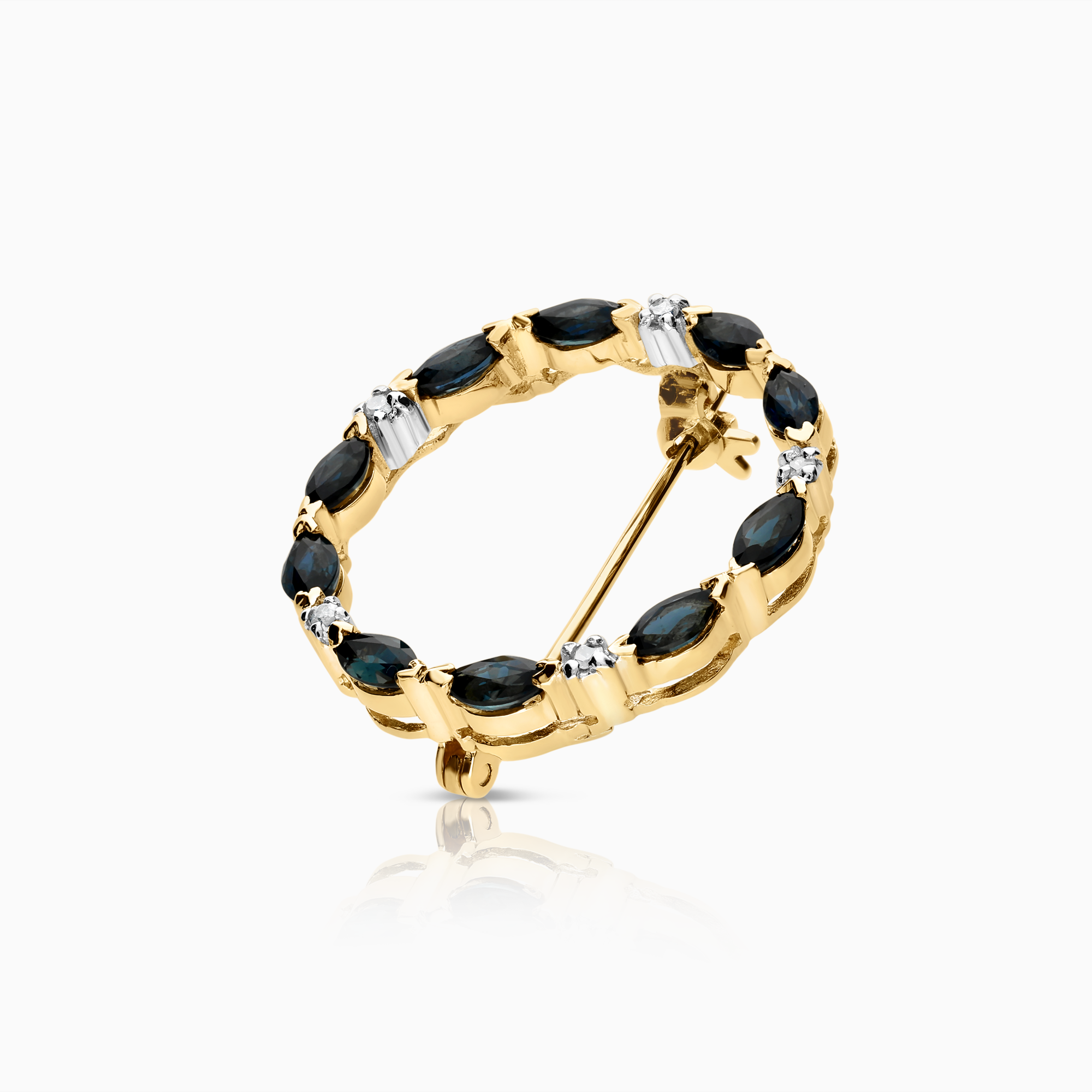 Diamantbrosch med blåa safirer 0,05ct 18K guld