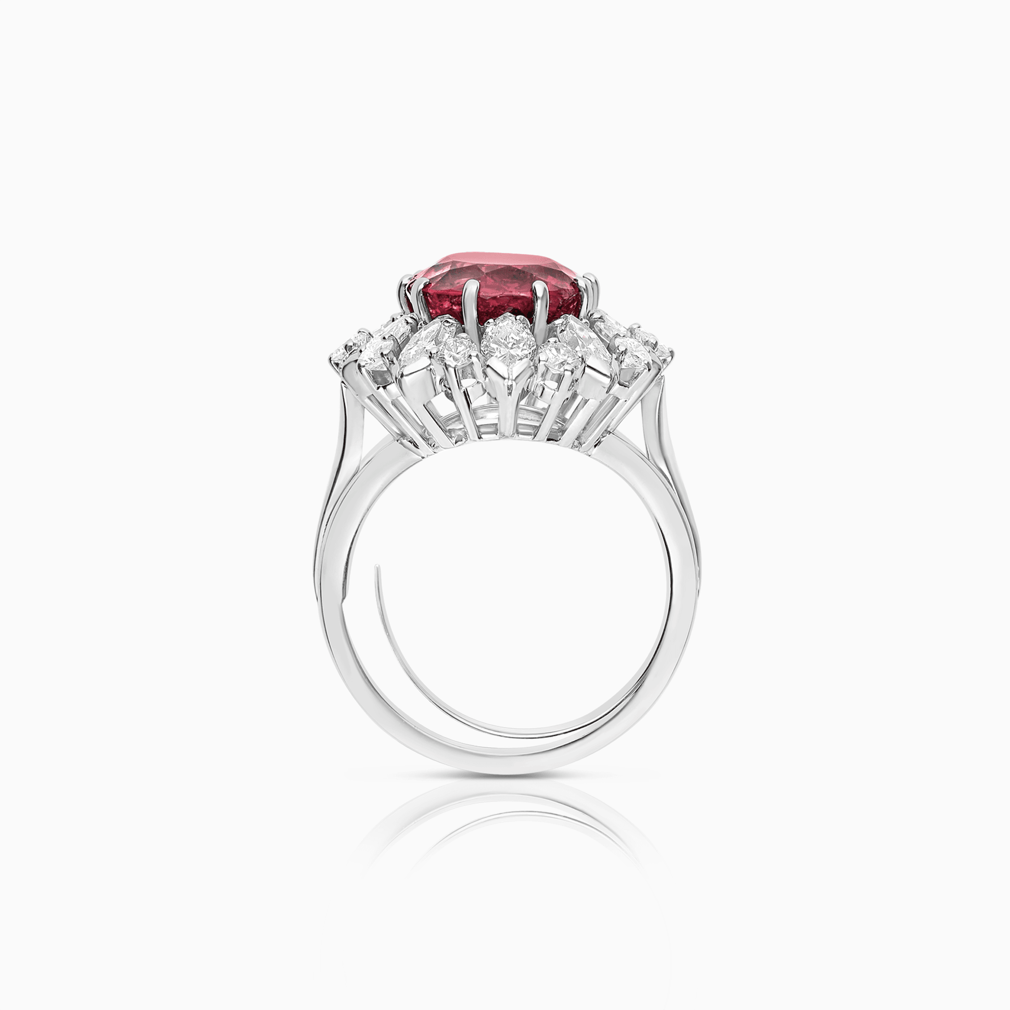 Cocktailring med diamanter 2,00ct & mørkerosa rubellitt 9,91ct 18K hvitt gull