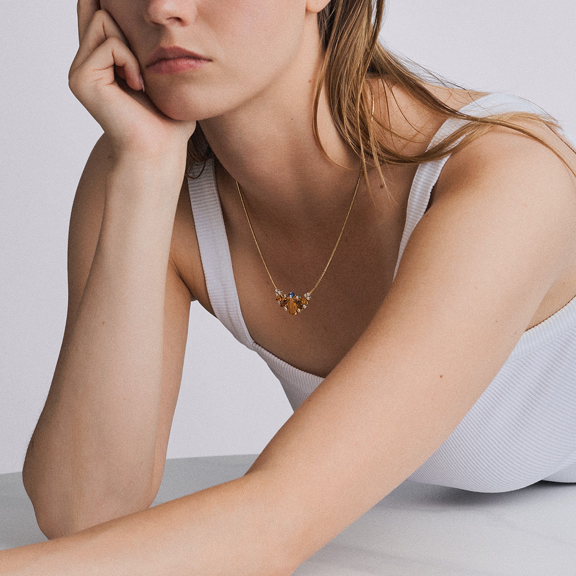 Gemstone necklace sapphires and topazes diamonds 0.43ct, 18K gold